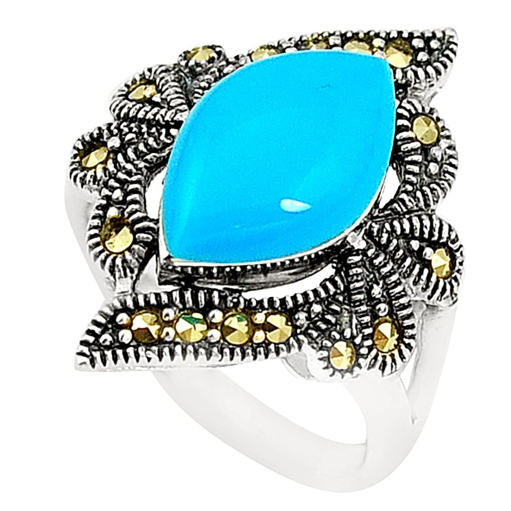 Blue sleeping beauty turquoise marcasite 925 silver ring size 8.5 c17246