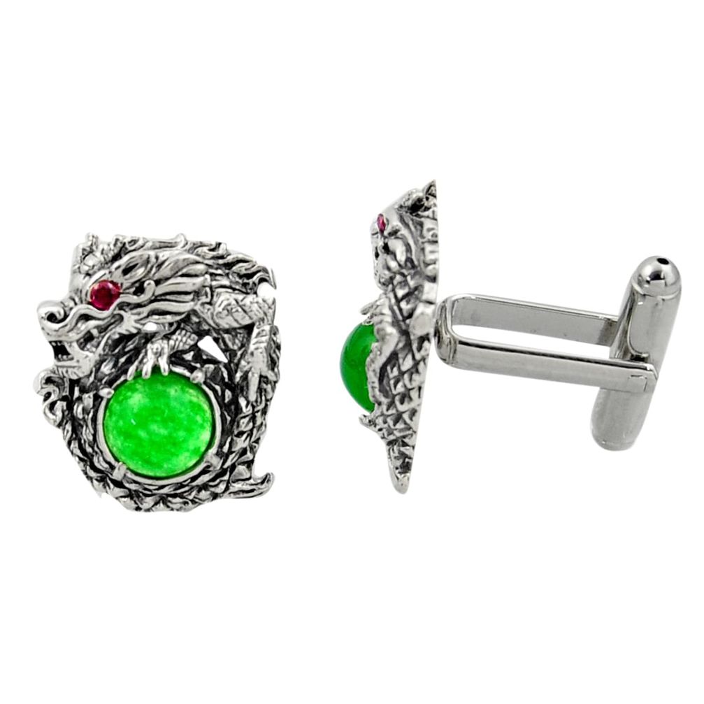 7.74cts green jade ruby (lab) 925 sterling silver dragon cufflinks c26388