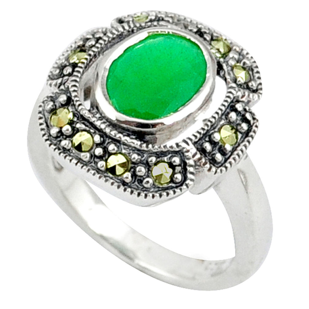 Natural green chalcedony oval swiss marcasite 925 silver ring size 6.5 c17251