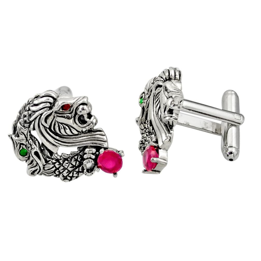 2.65cts red ruby (lab) emerald (lab) 925 sterling silver dragon cufflinks c26384