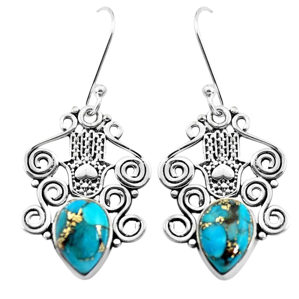 925 silver 6.29cts blue copper turquoise hand of god hamsa earrings p41457