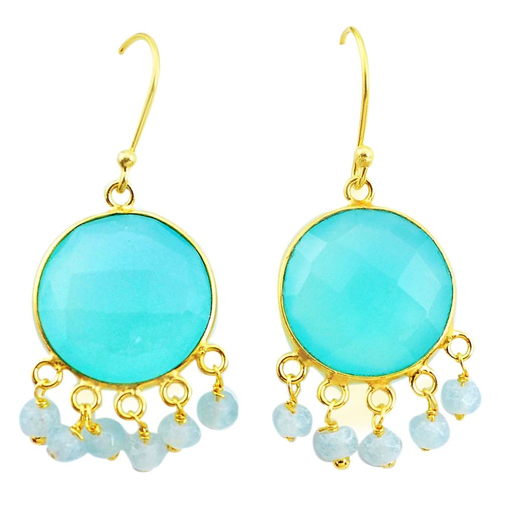 925 silver 20.03cts natural aqua chalcedony 14k gold dangle earrings p50088