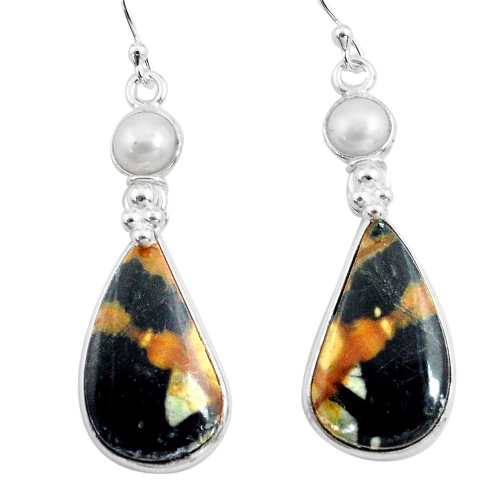 925 silver 19.09cts natural black picasso jasper pearl dangle earrings p78669