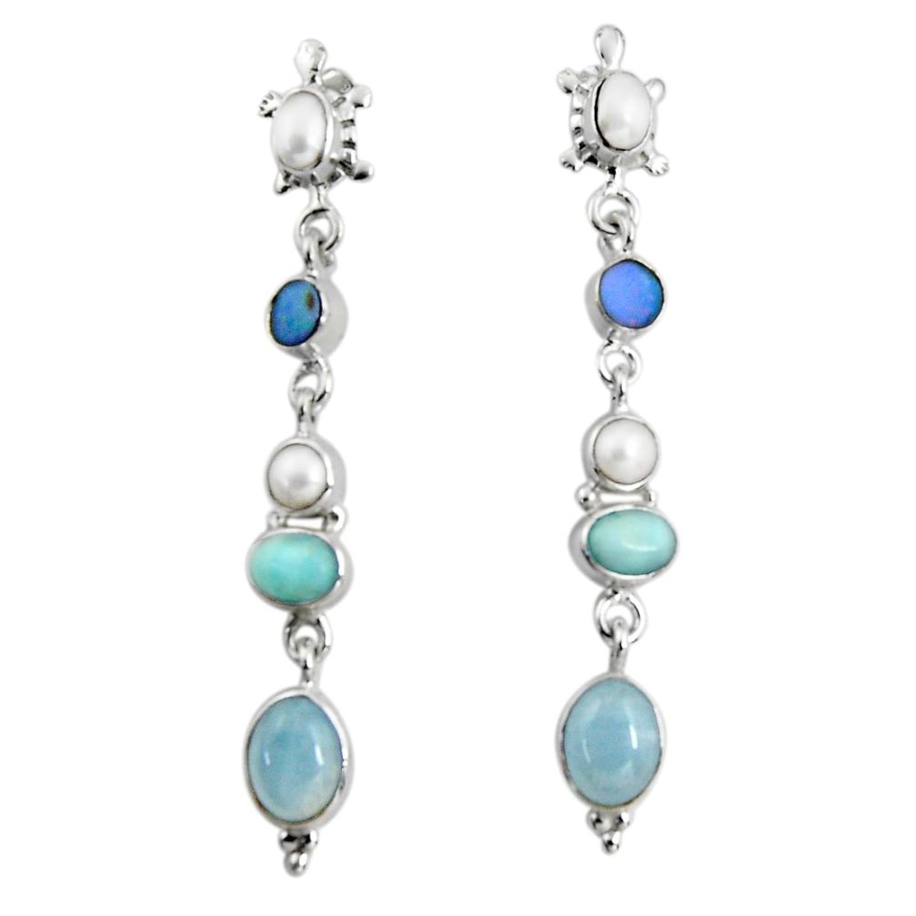 925 silver 16.17cts natural blue aquamarine pearl larimar dangle earrings d32380