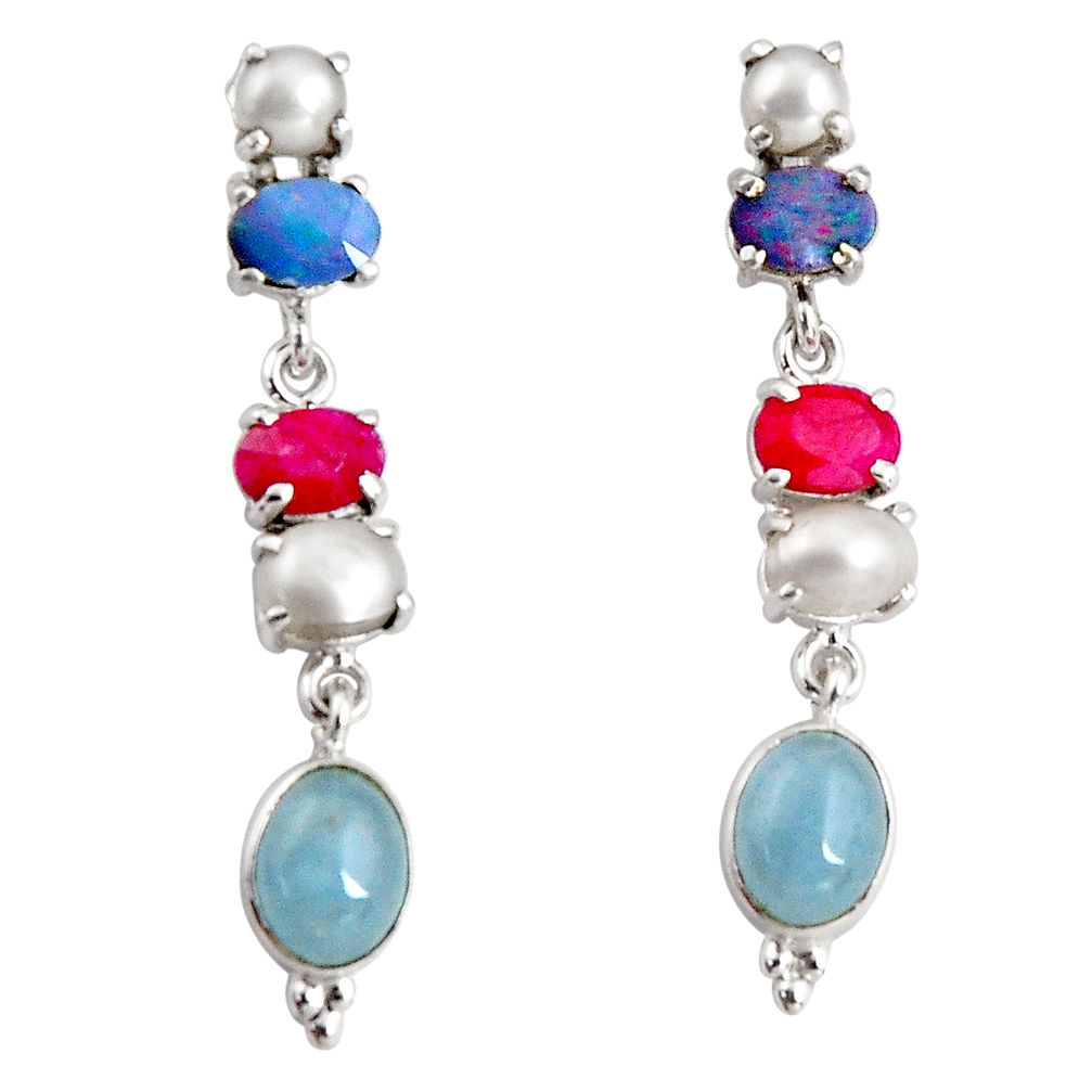 925 silver 15.11cts natural blue aquamarine white pearl dangle earrings d32295