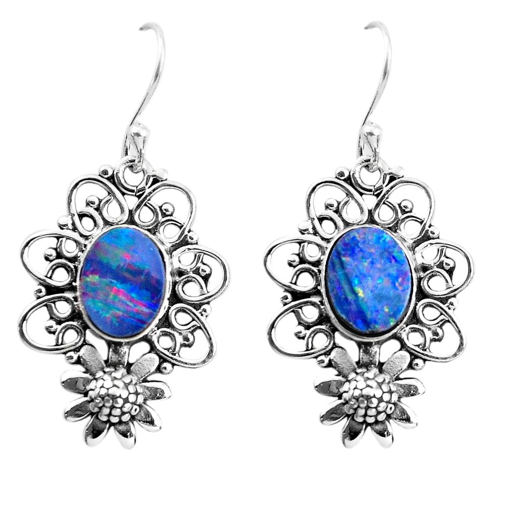 925 silver 5.30cts natural blue doublet opal australian flower earrings p52038