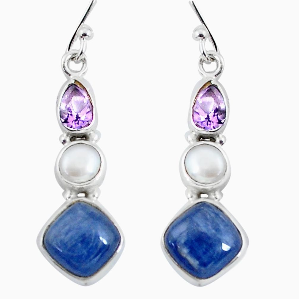 925 silver 11.13cts natural blue kyanite amethyst pearl dangle earrings p57519