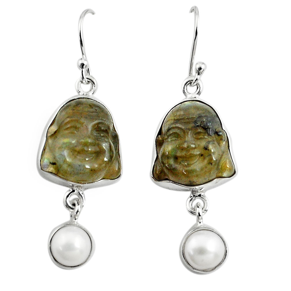 925 silver 17.22cts natural blue labradorite pearl buddha charm earrings p78131