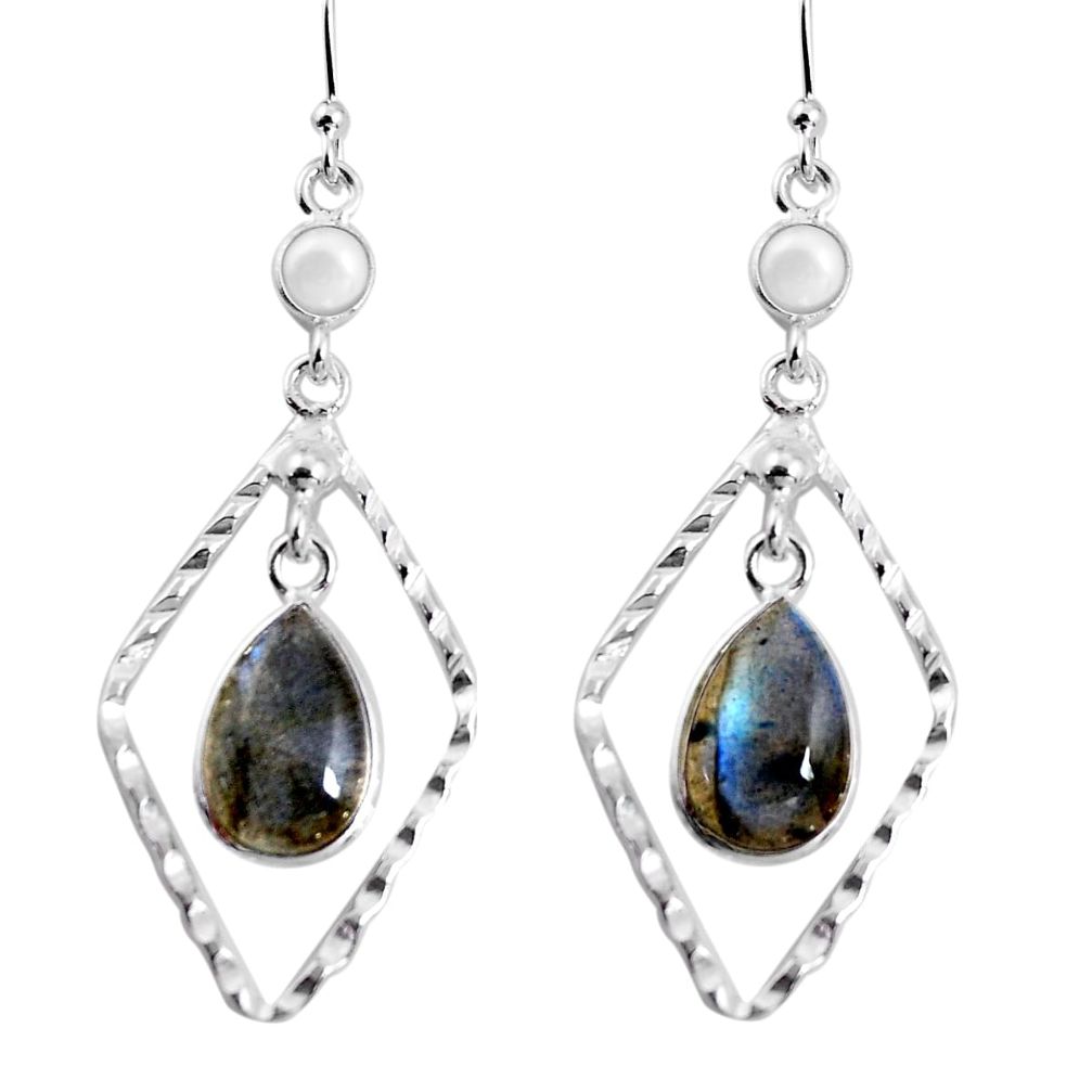 925 silver 8.80cts natural blue labradorite white pearl dangle earrings p92499