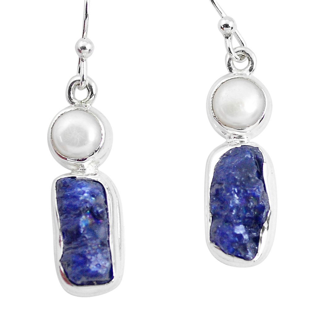 925 silver 14.88cts natural blue sapphire rough pearl dangle earrings p51848