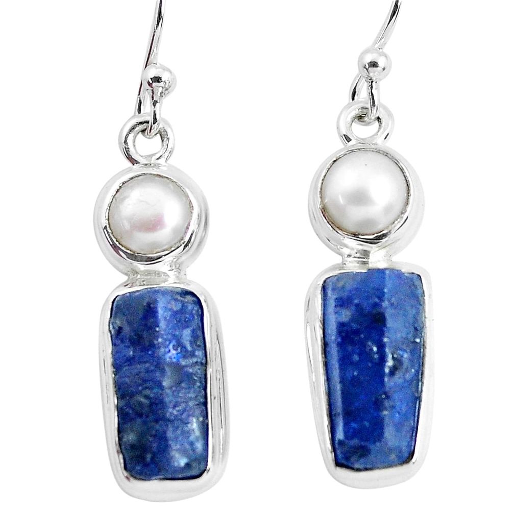 925 silver 14.47cts natural blue sapphire rough pearl dangle earrings p51860