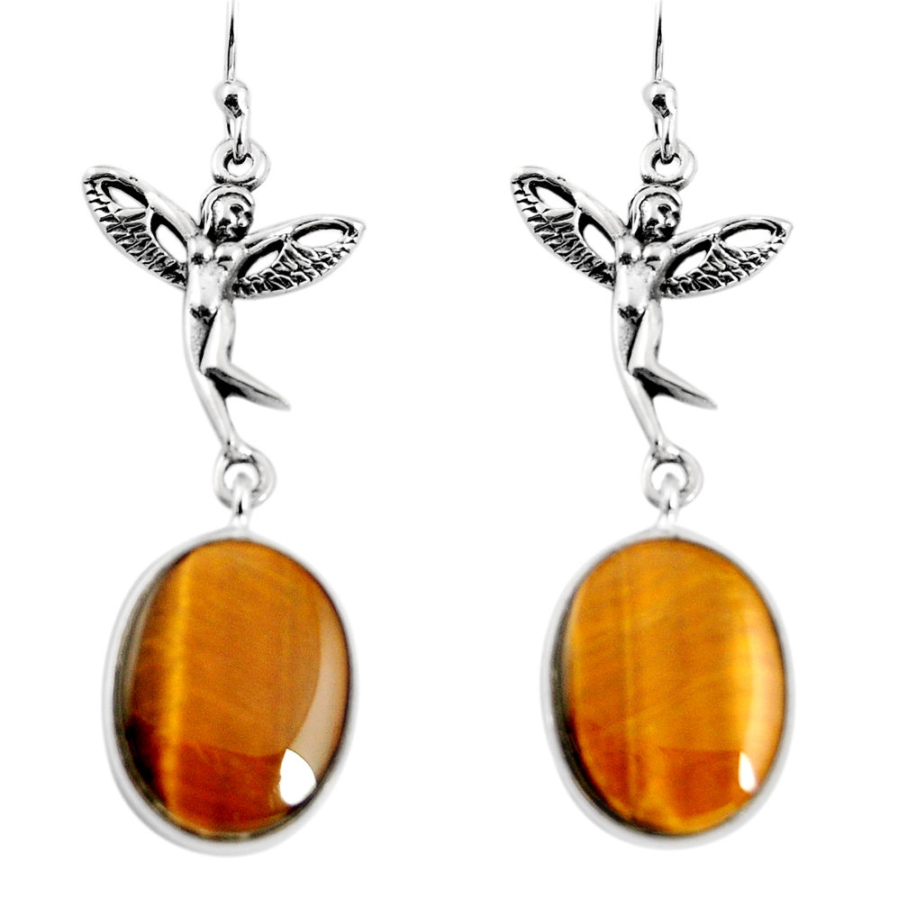 925 silver 18.28cts natural brown tiger's eye angel wings fairy earrings p91884