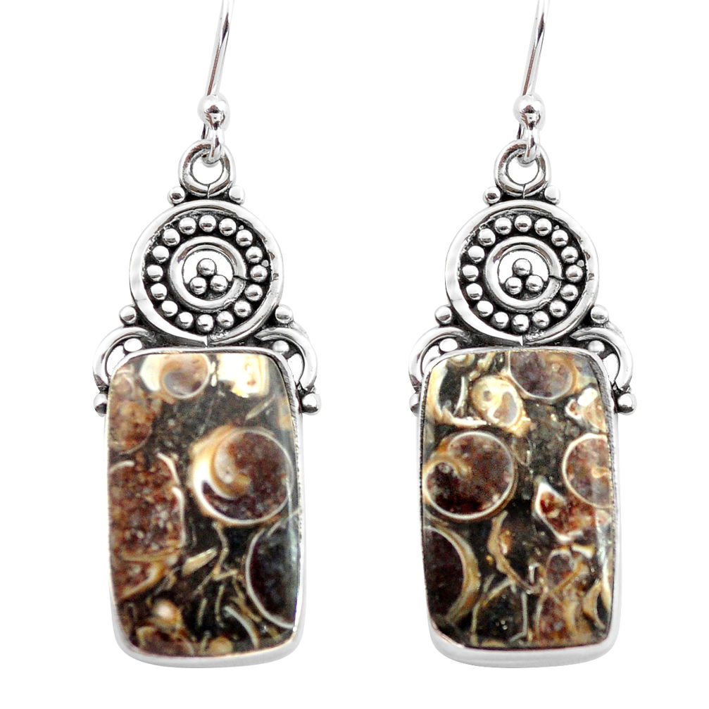 925 silver 16.87cts natural brown turritella fossil snail agate earrings p72652