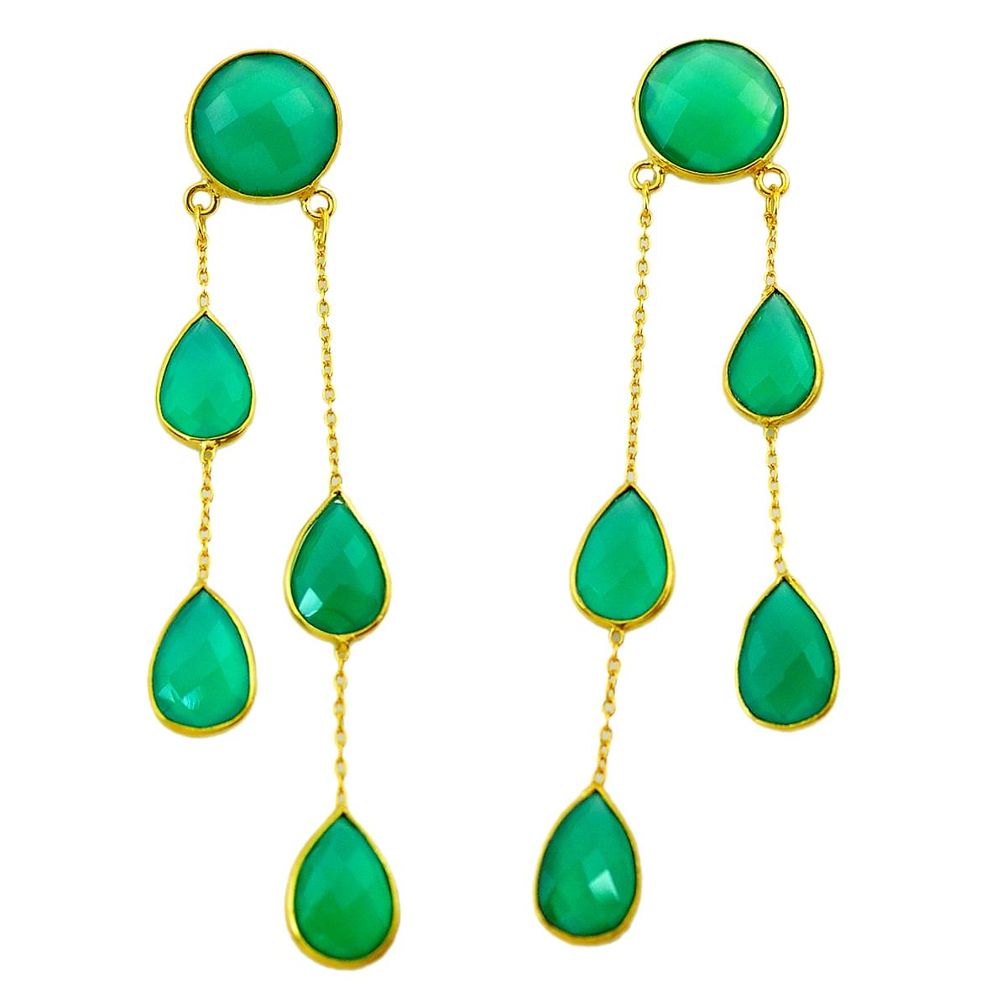 925 silver 41.62cts natural green chalcedony 14k gold chandelier earrings p75387