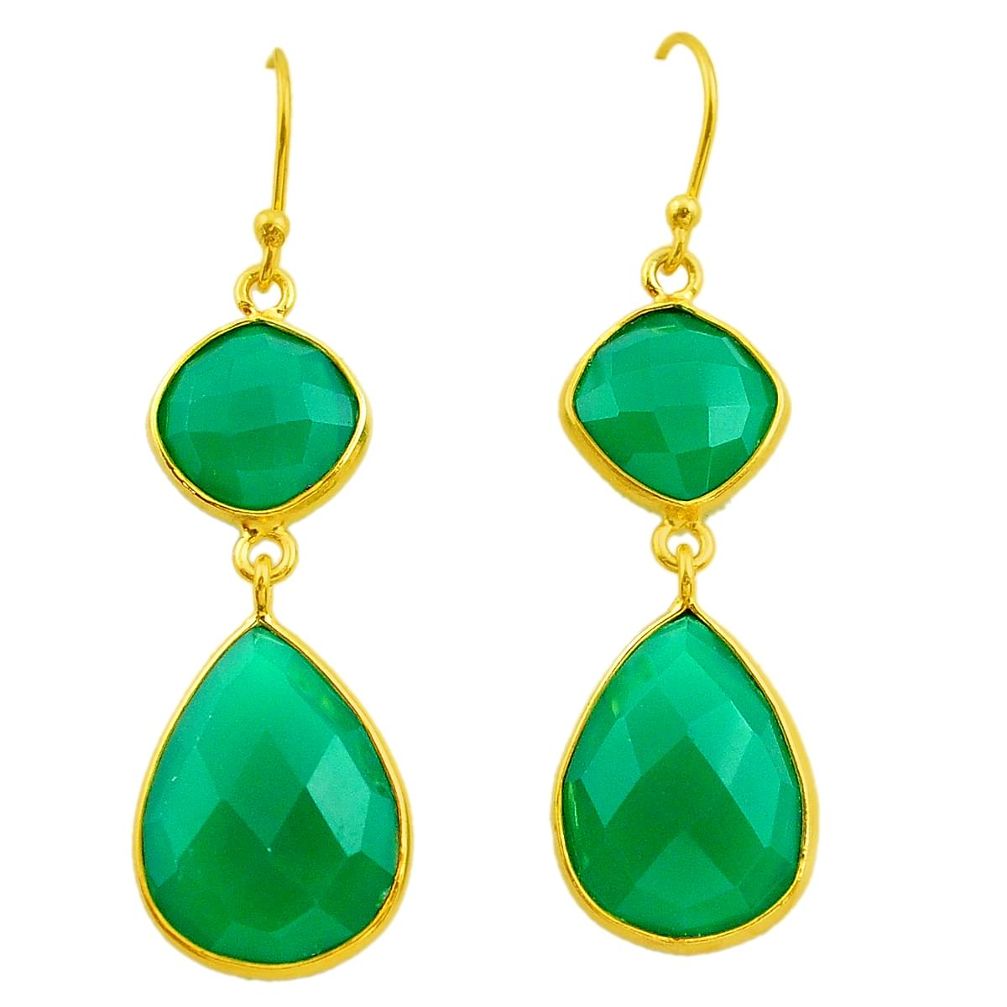 925 silver 22.50cts natural green chalcedony 14k gold dangle earrings p75240