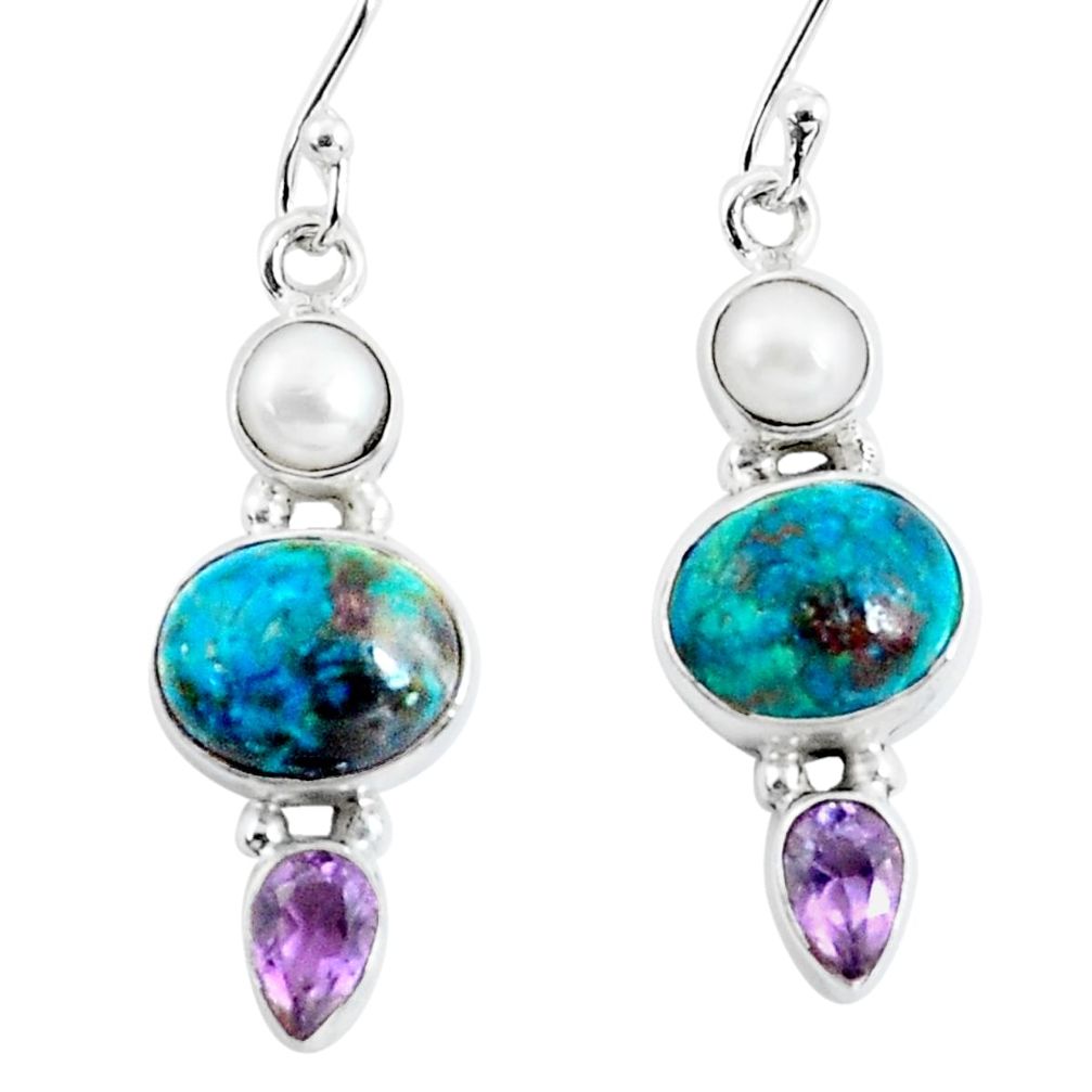 925 silver 10.32cts natural green chrysocolla amethyst pearl earrings p57336