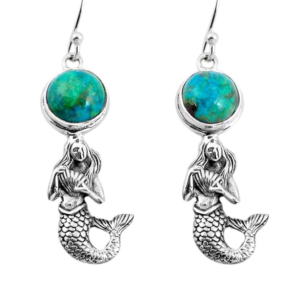 925 silver 6.02cts natural green chrysocolla fairy mermaid earrings p55467