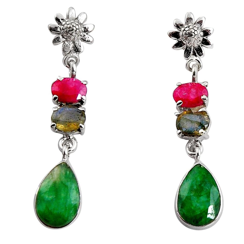 925 silver 15.47cts natural green emerald labradorite dangle earrings d32336