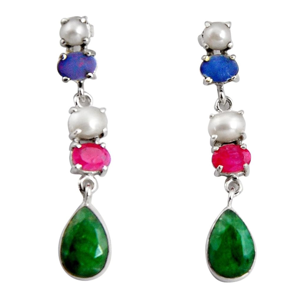 925 silver 16.43cts natural green emerald pearl ruby dangle earrings d32333