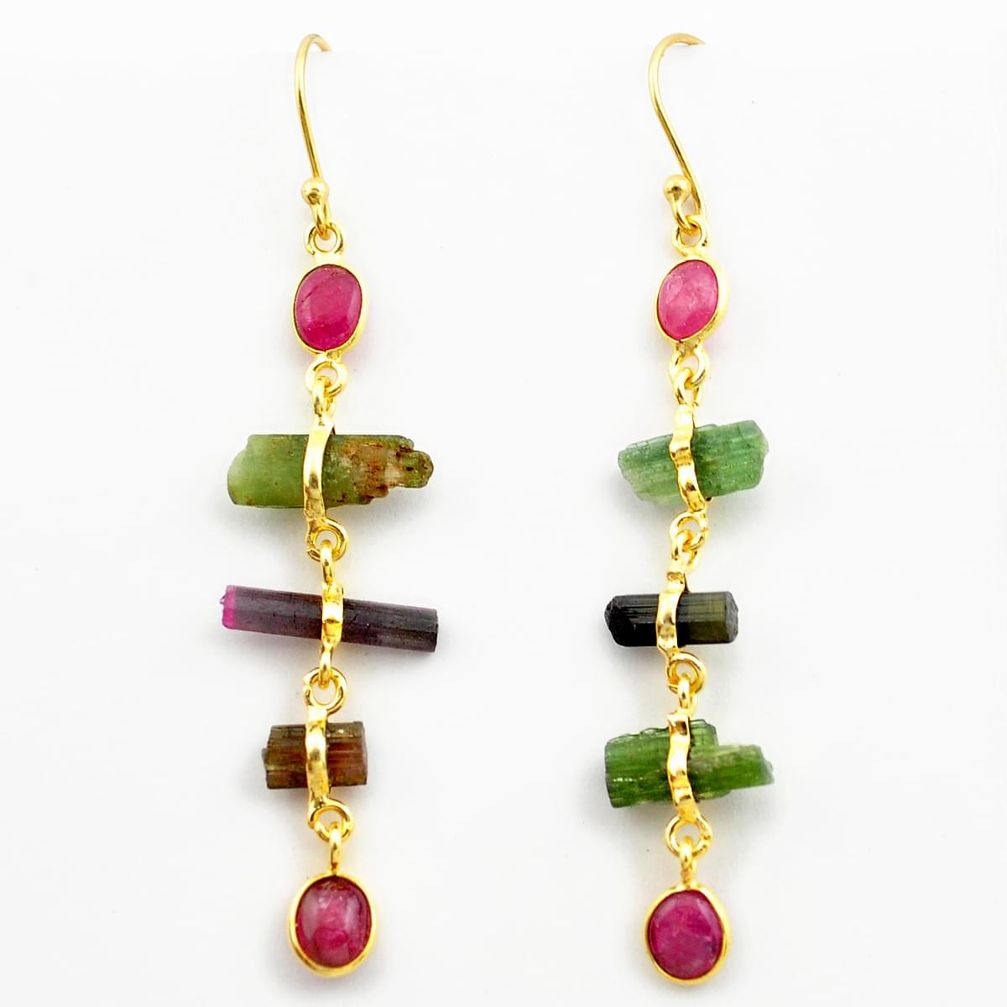 925 silver 12.99cts natural multicolor tourmaline rough 14k gold earrings p75164