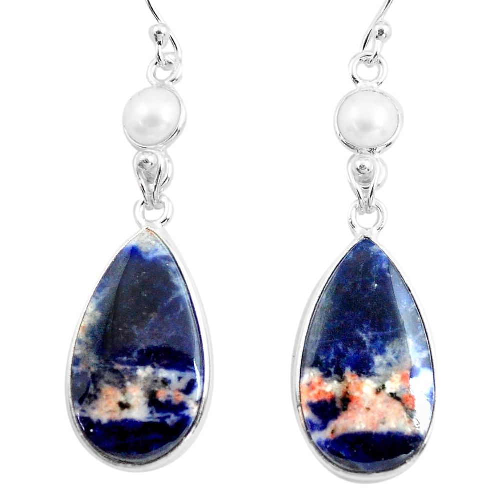 925 silver 17.90cts natural orange sodalite white pearl dangle earrings p78544