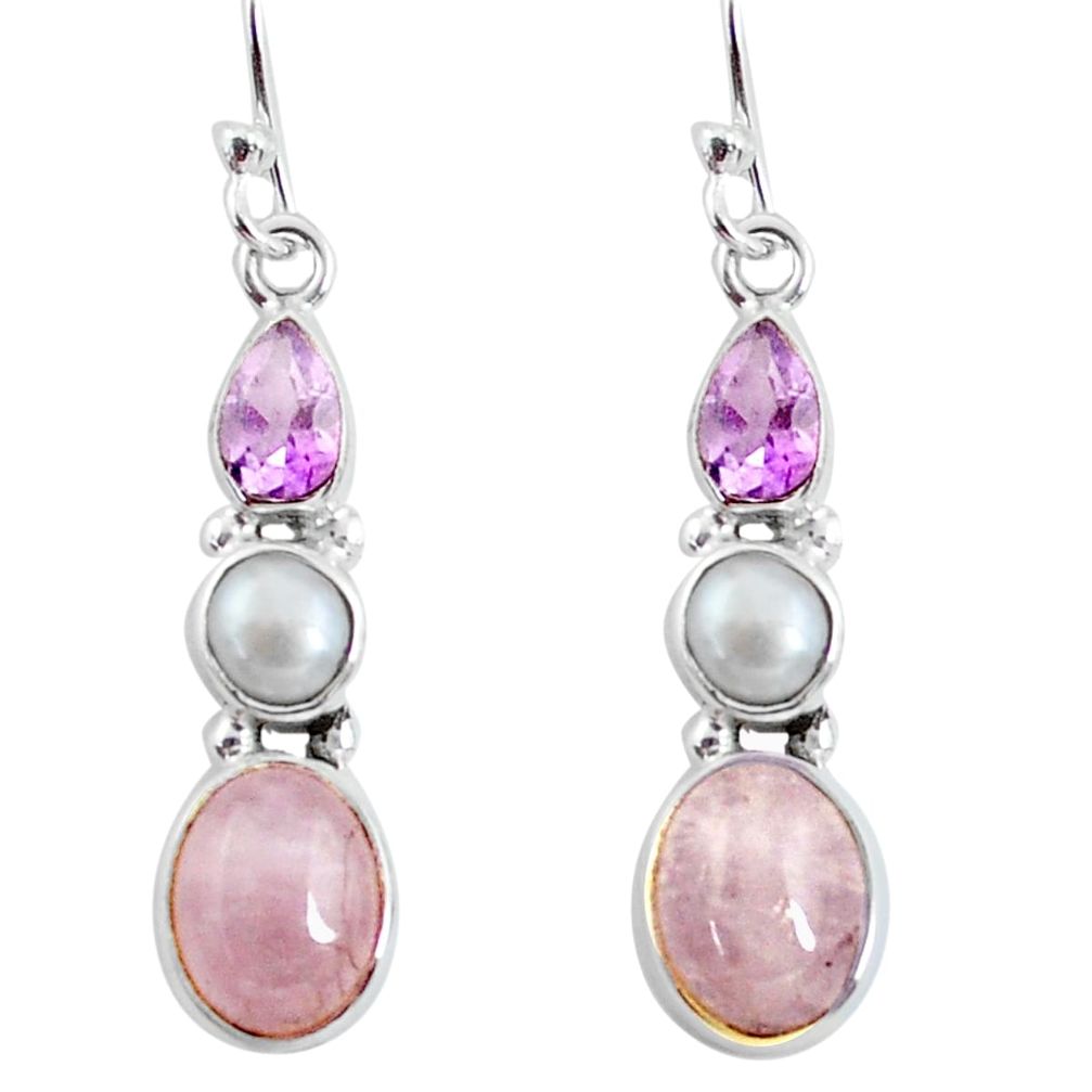 925 silver 9.16cts natural pink morganite amethyst pearl dangle earrings p57530