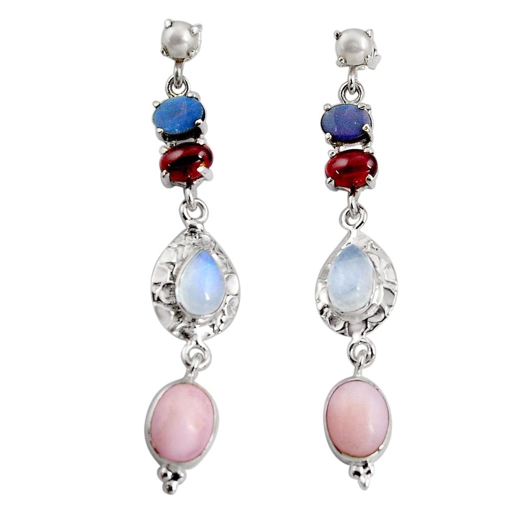 925 silver 18.22cts natural pink opal moonstone garnet dangle earrings d32305