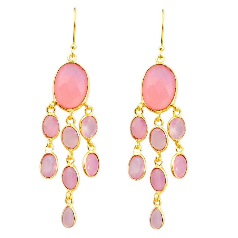 925 silver 21.01cts natural pink rose quartz 14k gold chandelier earrings p49775