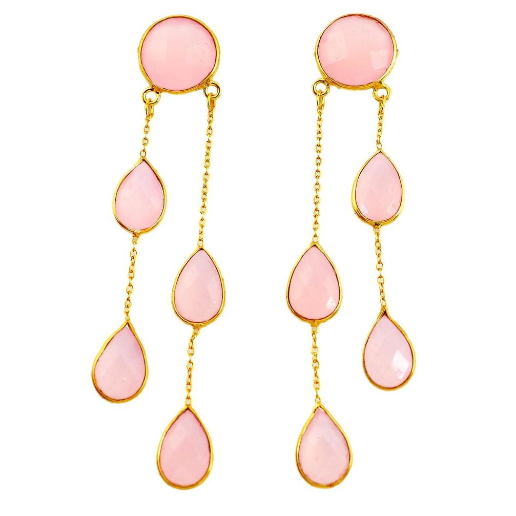 925 silver 43.68cts natural pink rose quartz 14k gold chandelier earrings p75397