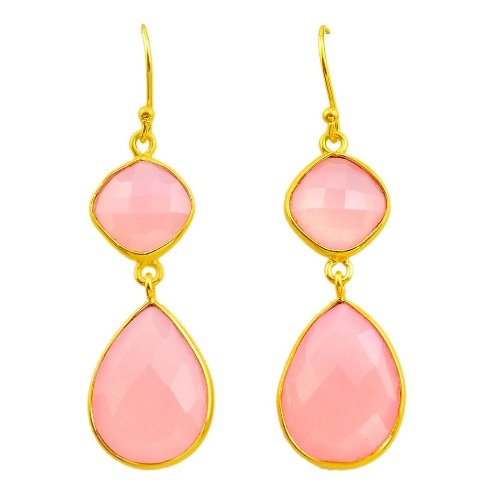 925 silver 24.61cts natural pink rose quartz 14k gold dangle earrings p75235