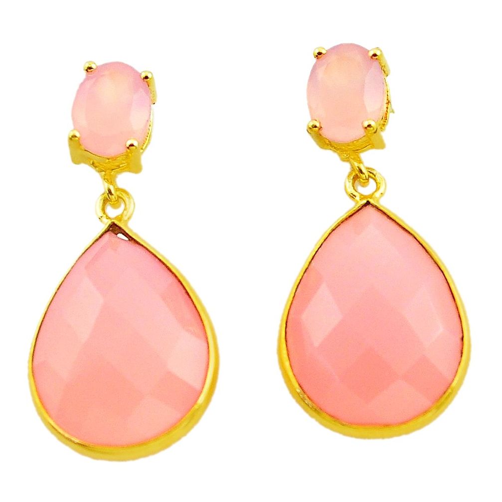 925 silver 21.98cts natural pink rose quartz 14k gold dangle earrings p75292