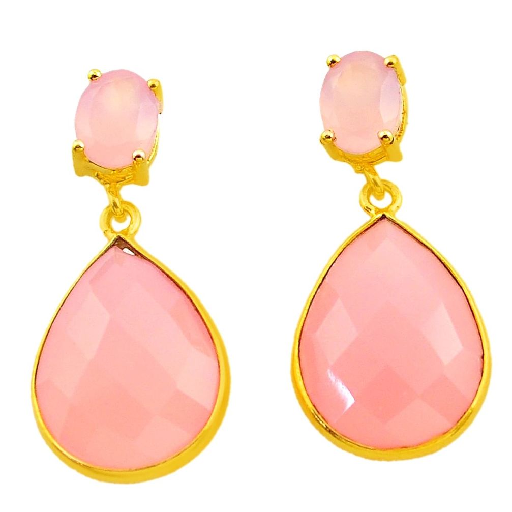 925 silver 22.43cts natural pink rose quartz 14k gold dangle earrings p75295