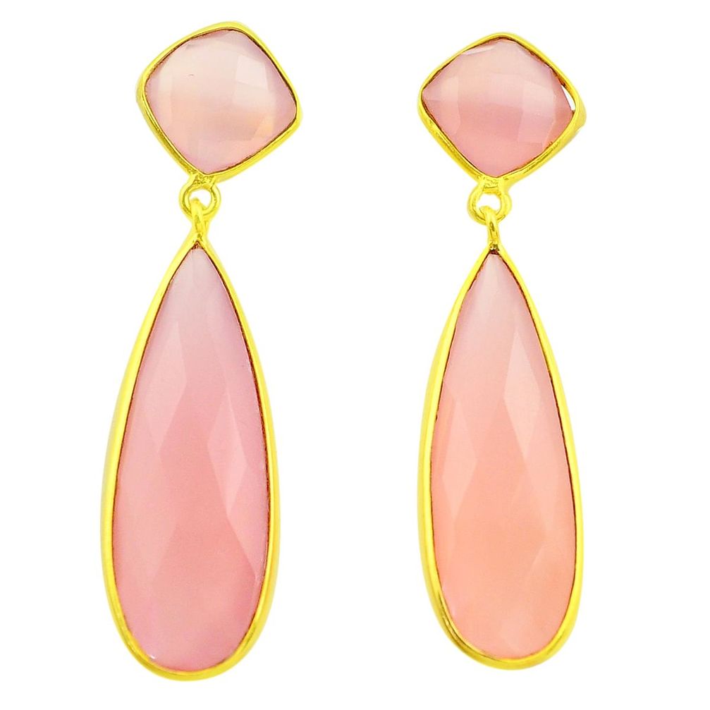 925 silver 35.91cts natural pink rose quartz 14k gold dangle earrings p75373
