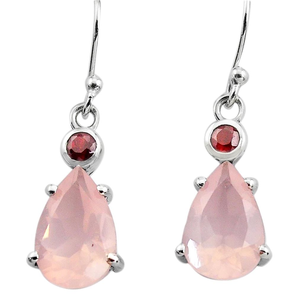 925 silver 7.39cts natural pink rose quartz red garnet dangle earrings p82348