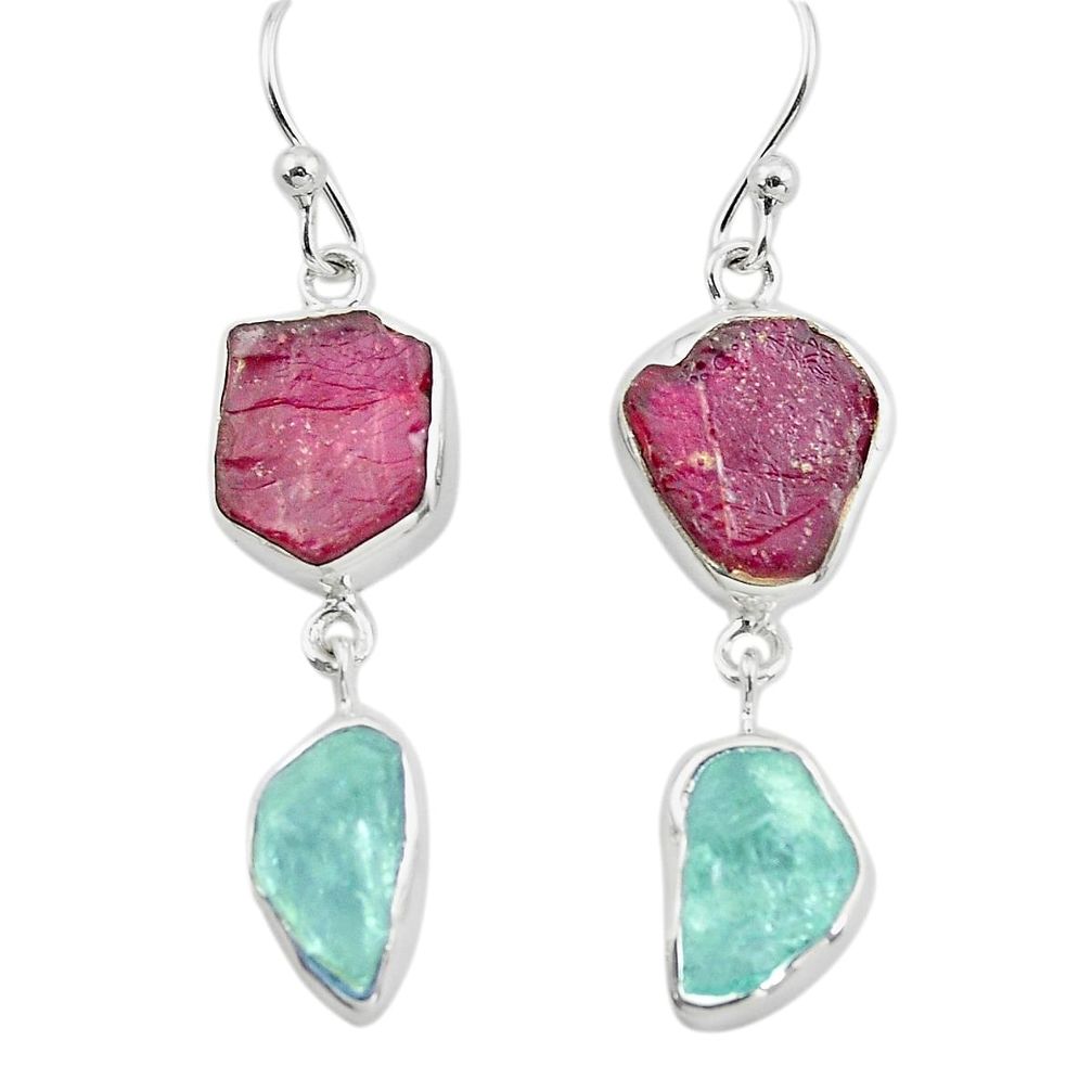 925 silver 15.55cts natural pink ruby rough aquamarine rough earrings p73873