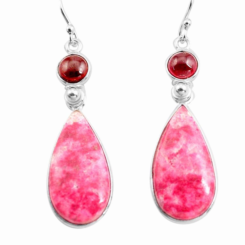 925 silver 20.40cts natural pink thulite red garnet dangle earrings p78714