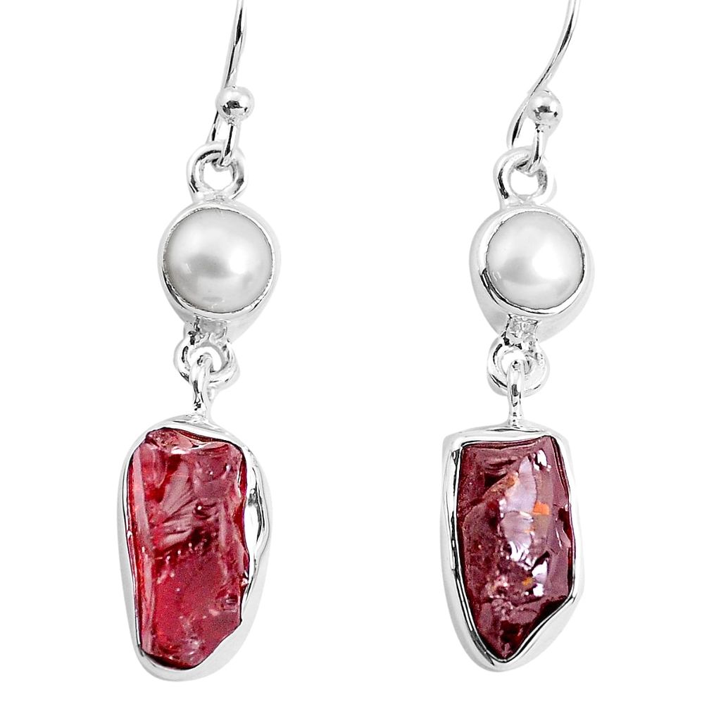 925 silver 14.72cts natural red garnet rough white pearl dangle earrings p51764