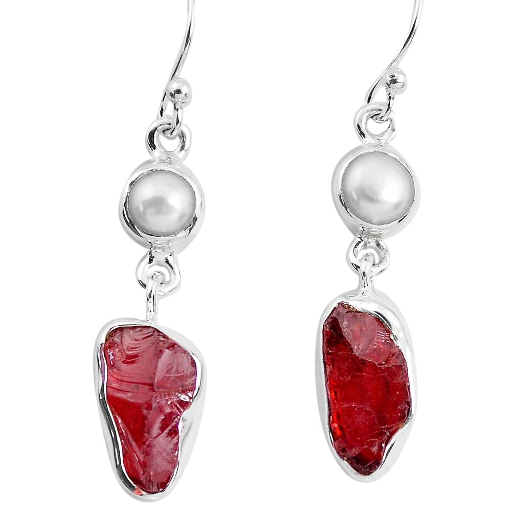 925 silver 12.52cts natural red garnet rough white pearl dangle earrings p51769