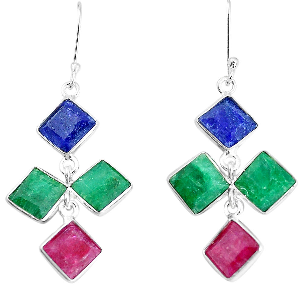 925 silver 17.75cts natural red ruby sapphire emerald dangle earrings p34780