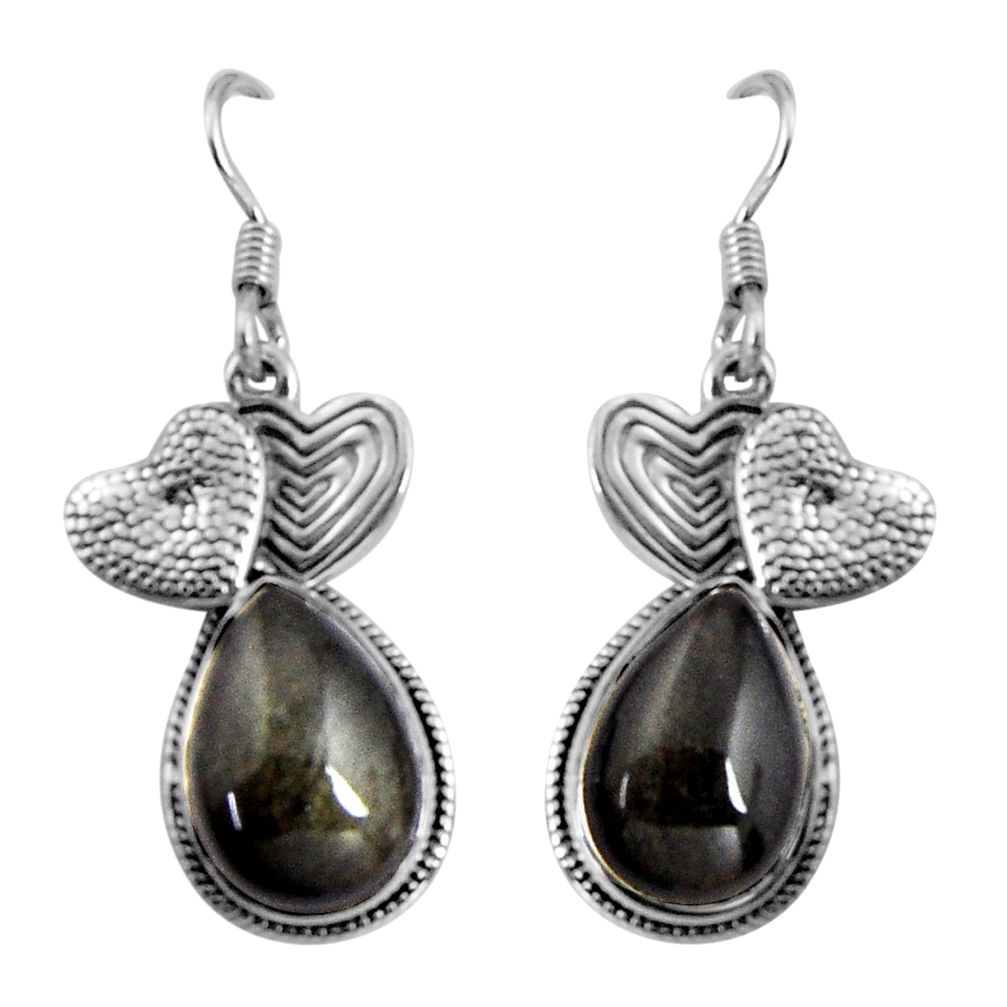 925 silver 13.71cts natural sheen black obsidian couple hearts earrings d32452