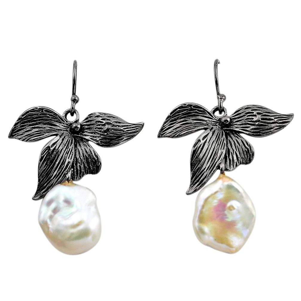 925 silver 13.41cts rhodium natural white pearl 14k gold dangle earrings c4699