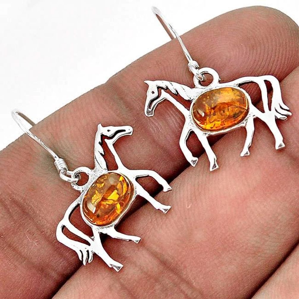 925 STERLING SILVER AWESOME ORANGE AMBER HORSE DANGLE EARRINGS JEWELRY H25979