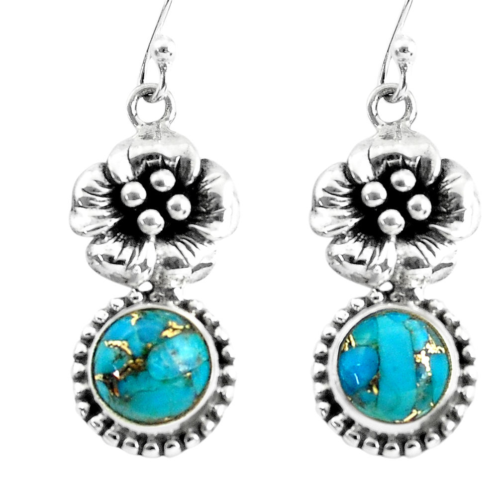 925 sterling silver 7.40cts blue copper turquoise flower earrings jewelry p60799