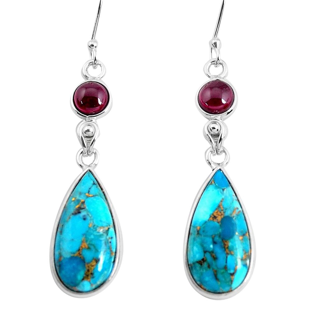 925 sterling silver 17.96cts blue copper turquoise garnet dangle earrings p47980