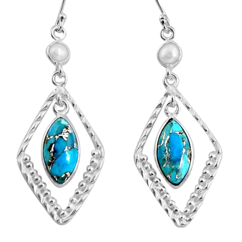 925 sterling silver 12.22cts blue copper turquoise pearl dangle earrings p89955