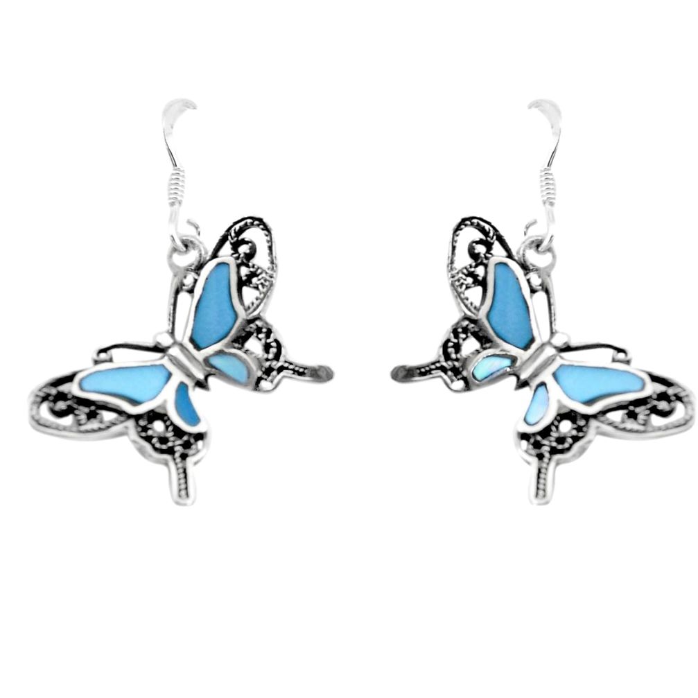 925 sterling silver 4.25gms blue pearl enamel butterfly earrings c2564