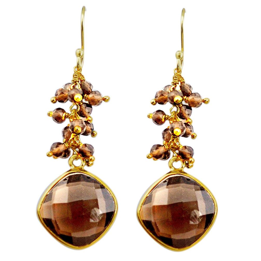 925 sterling silver 23.90cts brown smoky topaz 14k gold dangle earrings p75671