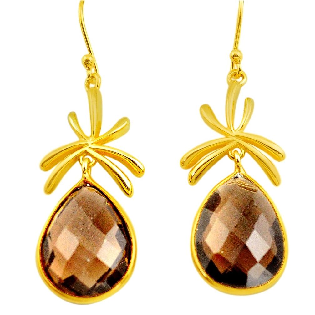 925 sterling silver 22.09cts brown smoky topaz 14k gold dangle earrings p75707