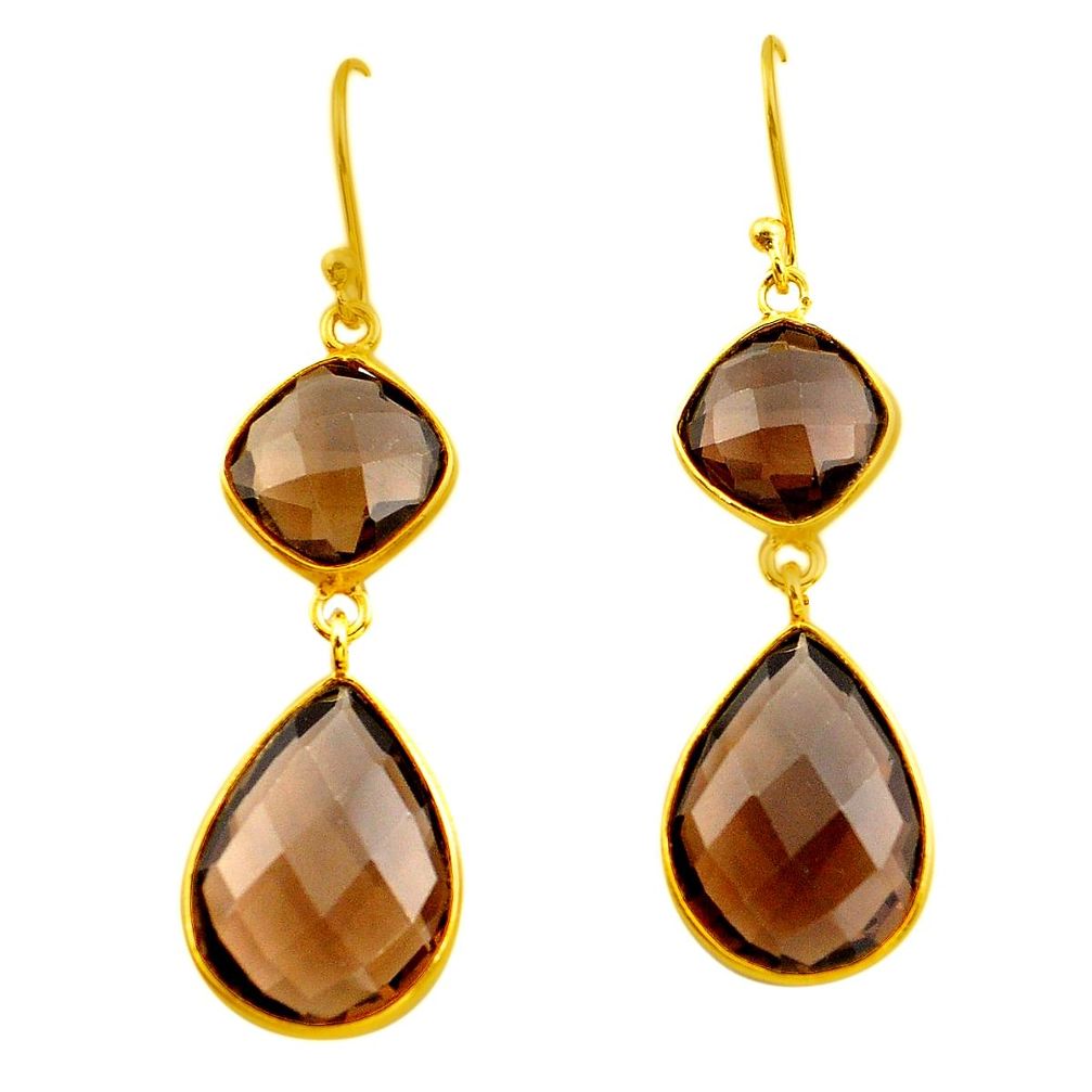 925 sterling silver 22.05cts brown smoky topaz 14k gold dangle earrings p75813