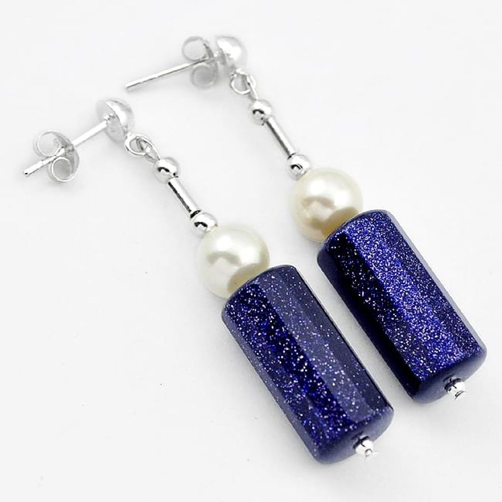 925 STERLING SILVER DANGLE EARRINGS JEWELRY NATURAL BLUE GOLDSTONE PEARL H40165